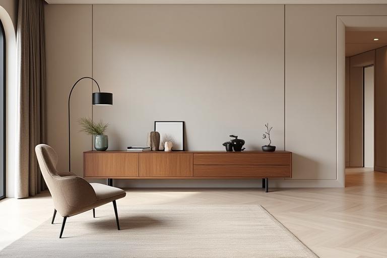 En moderne, minimalistisk stue med skræddersyede møbler