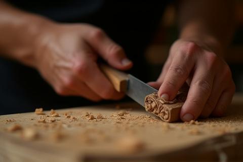 En håndværker fokusere på detaljer med træskærerjern på et møbel
