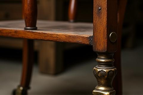 Antik stol med nyligt restaurerede metalbeslag.